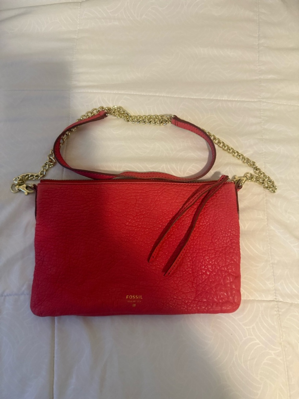 Fossil Red Leather Crossbody with Gold Chain Strap
